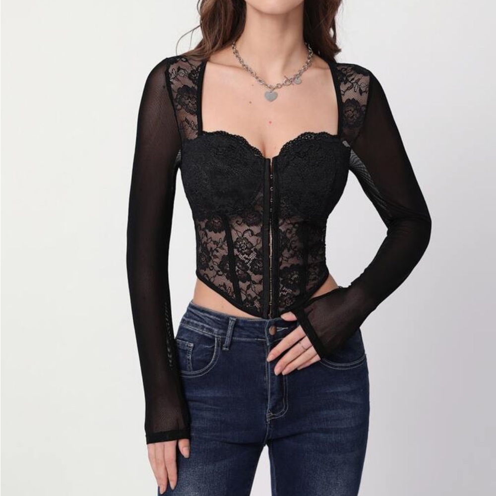 SHEIN Black Bustier Sheer Long Sleeve